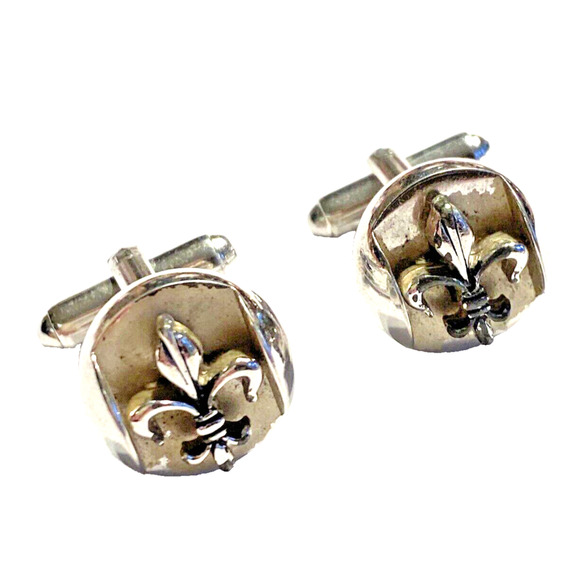 Vintage Silvertone Cuff Links Mid Century Fleur De Lis Rounds Conservative FLAW - Picture 1 of 6